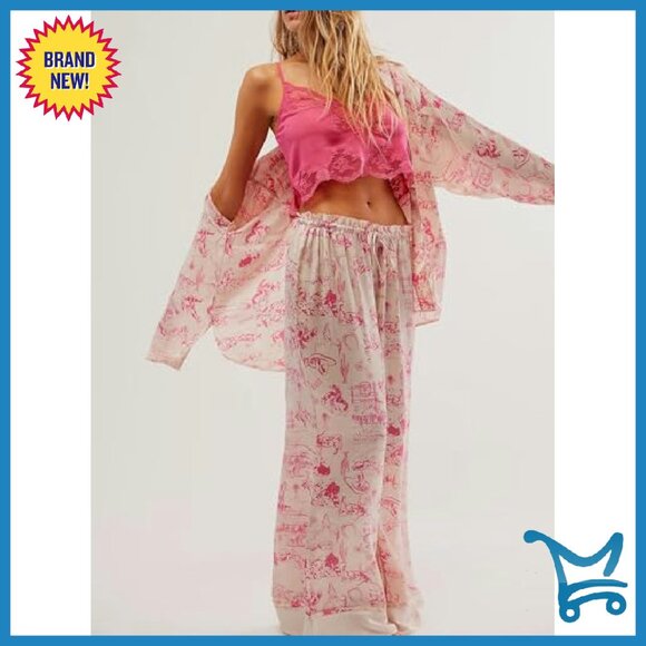 Women's Satin Pajama Set Floral Print Button Down Shirt Wide Leg Pants - Picture 4 of 5